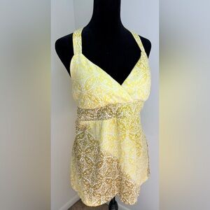 Self Esteem vintage Y2K empire waist yellow brown geometric v neck halter top Lg